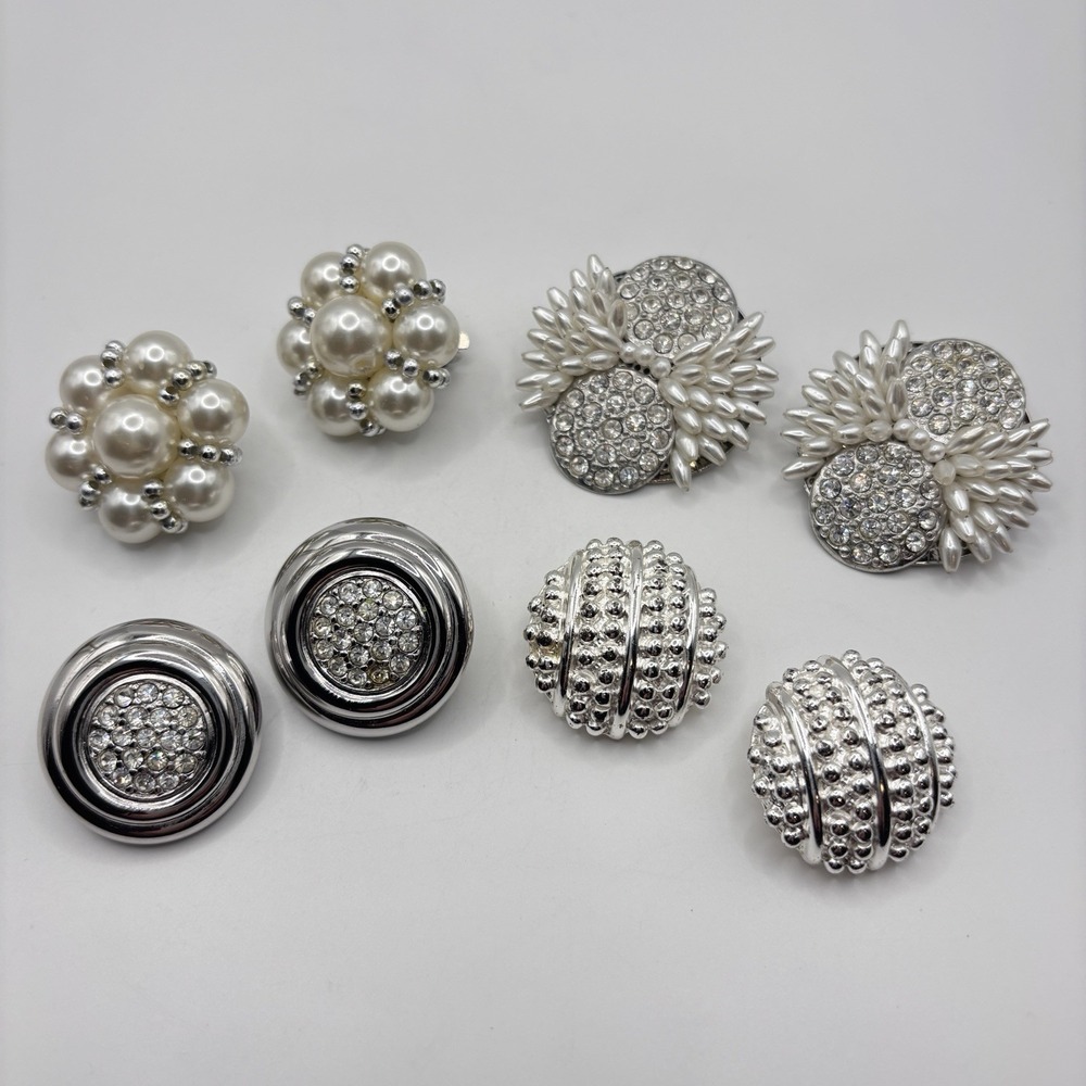 Vintage Lot Clip On Earrings Silver Tone Unsigned & Ellen Kiam